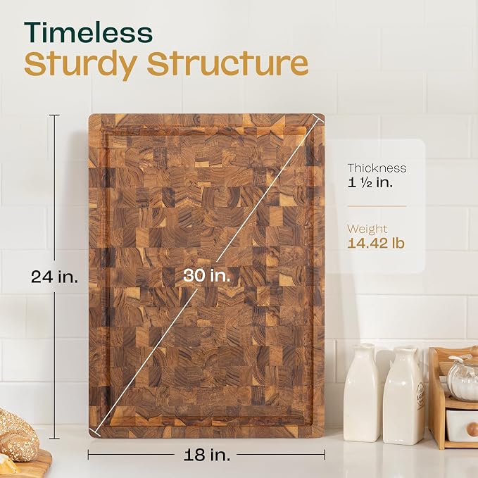 Yes4All Durable Teak Cutting Boards for Kitchen, [24''Lx18''Wx1.5” Thick] Extra Large End Grain Cutting Board, Pre Oiled Wood Cutting Boards, Thick Chopping Board w/Juice Grooves and Easy Grip Handle