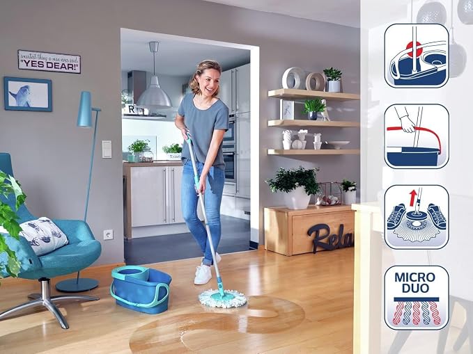 Leifheit Clean Twist Disc Mop Ergo Mop and Bucket, Floor Mop with Moisture-Controlled Spin Mop, Easy-Steer 360 Joint Microfibre Mop Head, 33cm Wide, Twist Mop