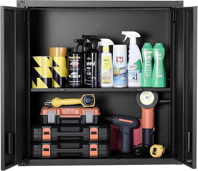 VEVOR Metal Wall Cabinet, 30W x 12.2D x 30H Inch, Steel Floating Hanging Storage Cabinet with Locking Doors and Adjustable Shelf for Garage, Basement, Kitchen, Warehouse Assembly Required, Black