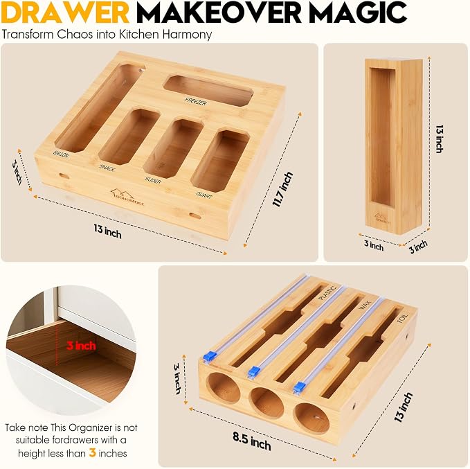 Bamboo Ziplock Bag Organizer for Kitchen Drawer & Wall Mount, Food Storage Baggie Holder, Fits Gallon Quart Sandwich Snack Freezer & Slider Bags, No Assembly, 9 in 1,Natural Color