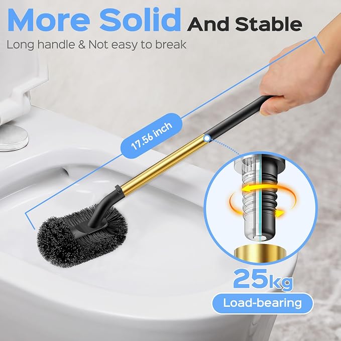 HAMITOR Toilet Plunger and Brush Set: 2 in 1 Stainless Steel Combo with Curved Bristles - Heavy Duty Toilet Unclogging for Family Bathroom - Compact Hideaway Apartment Cleaning Accessories - Gold