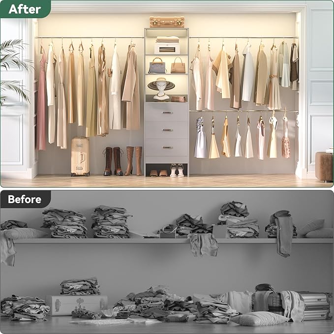 Besiost 96'' Closet Organizer System with 3 Hanging Rods, 8FT Closet Organizers and Storage with 3 Wooden Drawers, Built in Closet Organizer Systems, Adjustable Walk-in Wardrobe from 5-8FT, Grey