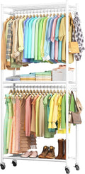 Sakugi Clothes Rack - 33.0" x 12.2" x 79.5" Clothing Rack with Shelves & Wheels, Multi-Functional Wardrobe Closet with Hooks, Sturdy Metal Garment Rack for Bedroom, Laundry, Balcony (White)