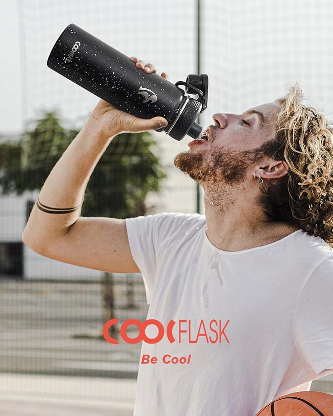 Coolflask Water Bottle 24 oz Insulated with Straw, Stainless Steel Metal 3 Lids Water Flask Wide Mouth for Sports or Office, Non-BPA Keep Cold Up to 48 Hrs or Hot Up to 24 Hrs, Starry Night