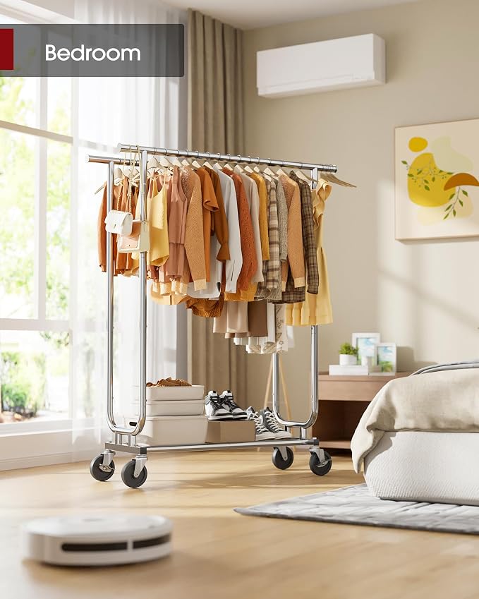 Sakugi Heavy Duty Stainless Steel Rolling Clothes Rack with Mesh Shelf, Lockable Wheels & Anti-Slip Stoppers, Large Capacity Clothing Organizer for Bedroom, Laundry Room, 43.5" x 16.5" x 65.9", Silver