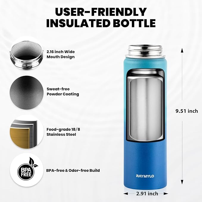 RAYMYLO Insulated Water Bottle 20 oz, Triple Wall Vacuum Stainless Steel (Cold for 24Hrs, Hot for 12Hrs), Leak Proof & Non-BPA, Modern Water Bottle Jug for School with Straw Spout Lids