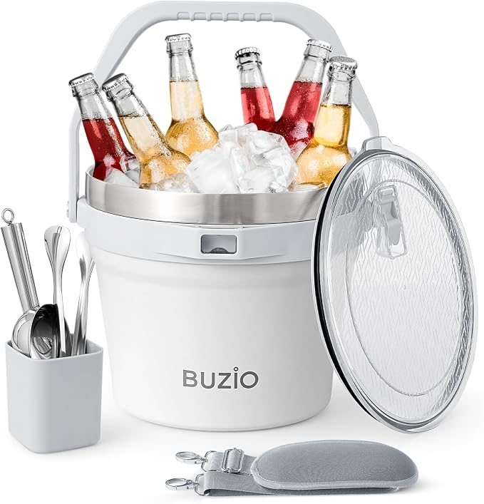 BUZIO 7 L Ice Bucket with Lid Scoop & Tongs & Adjustable Shoulder Strap | Double Wall Vacuum Insulated Stainless Steel Large Beverage Buckets, 48 Hrs Cold Retention for Parties, for Cocktail Bar