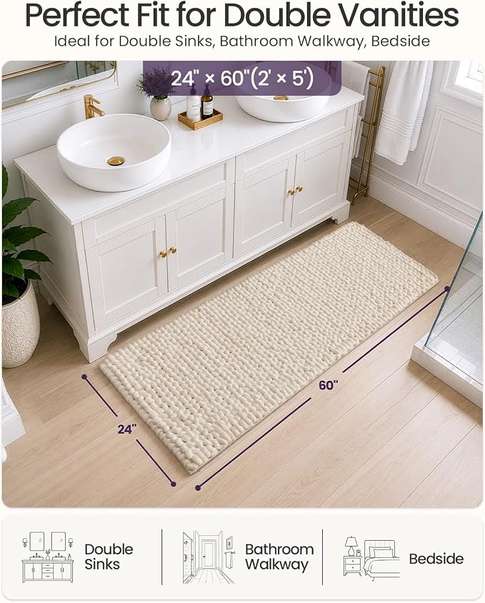 DEXI Bathroom Runner Rugs 60x24, Non Slip Washable Long Bath Mat, Luxury Chenille Super Absorbent Ultra Thick Bathmats for Shower Floor, Plush Fluffy Shaggy Carpet for Tub, Cream