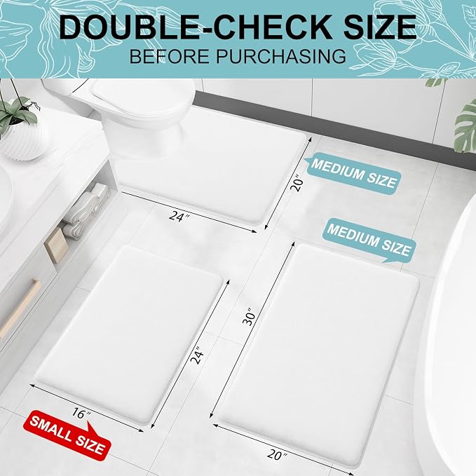 Smiry Memory Foam Bath Mat 40x24, Extra Soft and Absorbent Bathroom Mats, Non Slip Washable Carpet for Floor, Shower and Tub, White