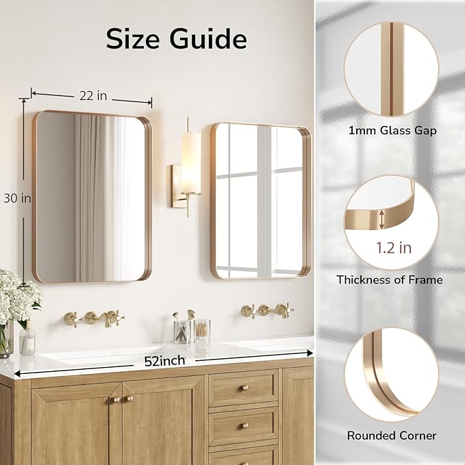 USHOWER Gold Bathroom Mirror 22"x30", Brushed Champagne Gold Rectangle Mirror for Over Sink, Aluminum Frame, Anti-Rust, Tempered Glass, Horizontal or Vertical Mounted