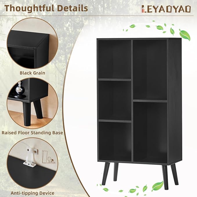 LEYAOYAO 5 Cube Bookshelf, Mid-Century Modern Book Shelf with Legs, Black | 3 Tier Bookcase, Rustic Wood Bookshelves Freestanding Small Storage Organizer, Open Shelves for Bedroom, Living Room, Office