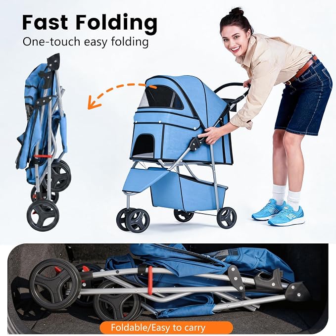 BestPet | 3-Wheel Pet Stroller | Dog and Cat Stroller | Breathable Mesh | Lightweight Travel Carrier | Waterproof & Foldable Design | Storage Basket | Blue | for Daily Walks & Outdoor Use