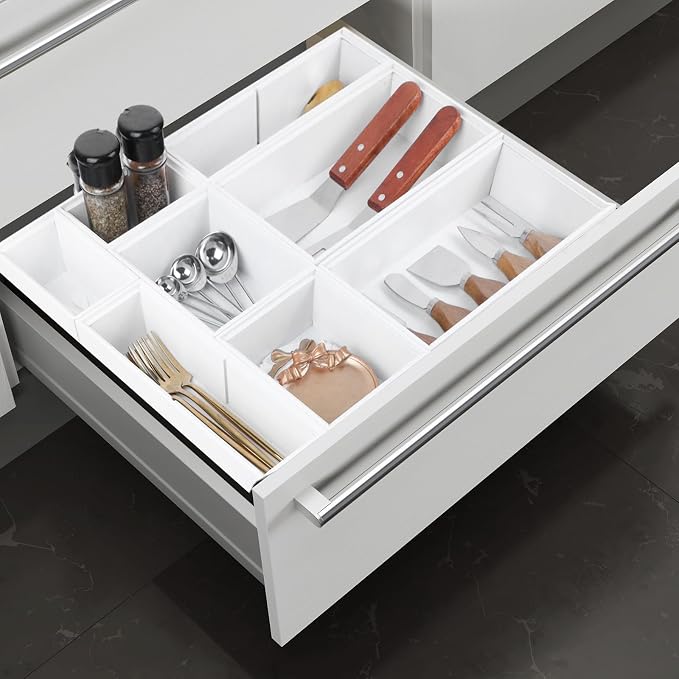 Bamboo Drawer Organizer Set, 8 PCS White Multi-Use Wood Drawer Storage Kitchen Boxes, Junk Drawer Organizer Divider Bins for Bathroom, Office Desk, Makeup, Jewelry, Utensils