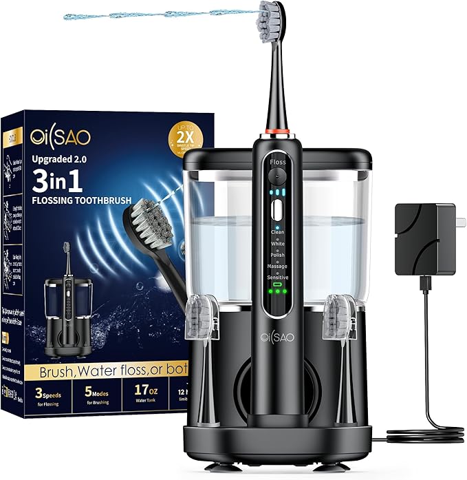 Electric Toothbrush with Water Flosser Combo, 3-in-1 Sonic Flossing Toothbrush and Dental Water Flosser for Teeth Cleaning, Gum Care, Braces, Bridges, Adults, 5 Brush Modes, 500ML, Black