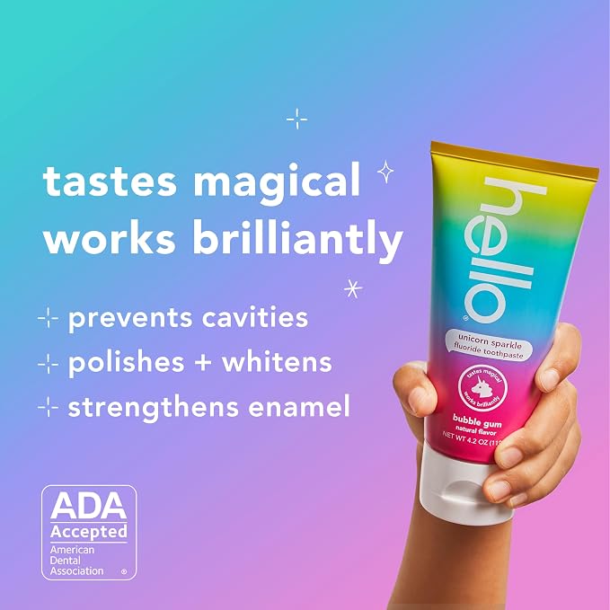 Hello Unicorn Sparkle Kids Toothpaste with Fluoride, Bubble Gum Toothpaste, 4.2 Oz Tube (Pack of 3) | Safe for Ages 2 and Up, Helps Prevent Cavities, Strengthens Enamel, Polishes Teeth, Vegan, Natural Bubblegum Flavor