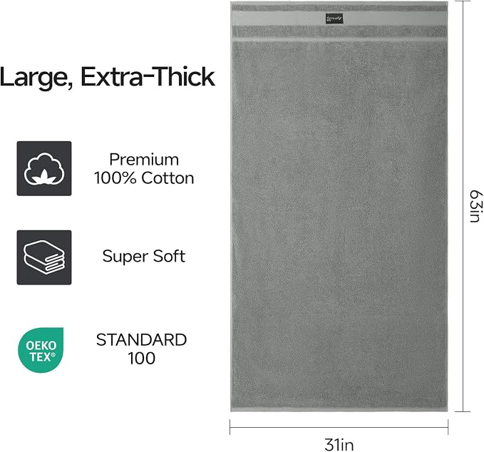 REDKISS Large Bath Towels Set 2 Piece, 100% Cotton, 31x63 in,Heavyweight 760GSM, Highly Absorbent & Quick Dry, Super Soft Luxury Bath Towel for Bathroom,Hotel Collection - Gray