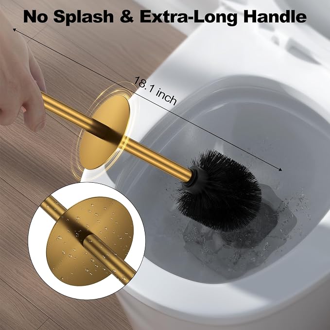Brushed Gold Toilet Brush and Holder Set，Stainless Steel Heavy Duty Toilet Bowl Brush，Extra Long Handled Modern Toilet Cleaner Brush with Replaceable Head, Removable Inner Bowl, and Splash Protection