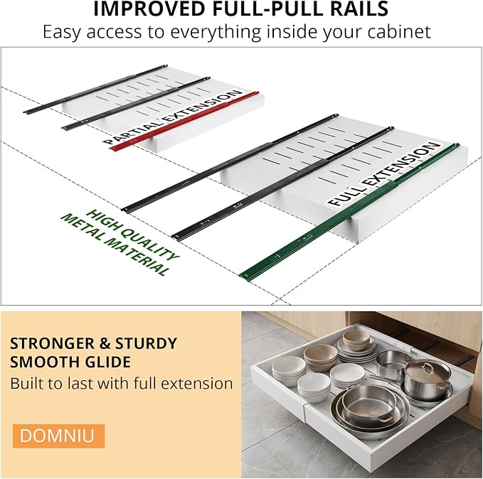 DOMNIU 2 Pack Pull Out Cabinet Organizers Expandable Width (12.4''-20.27''), Upgrade 3 Slide Rails Sliding Drawer for Kitchen Cabinet Organizer with Adhesive Nano Film, White