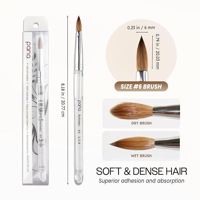 PANA Pure Kolinsky Hair Acrylic Nail Brush - Oval Crimped Shape Silver Ferrule with Clear Acrylic Handle (Size 6)