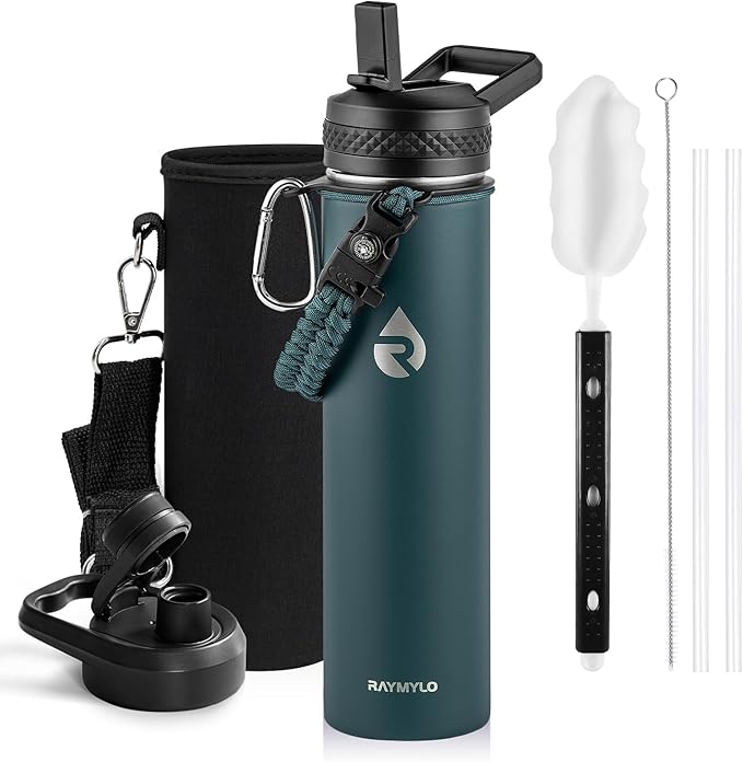 RAYMYLO Insulated Water Bottle 24 oz, Triple Wall Vacuum Stainless Steel (Cold for 24Hrs, Hot for 12Hrs), Leak Proof & Non-BPA, Modern Water Flask Jug with Paracord Handle & Straw Spout Lids