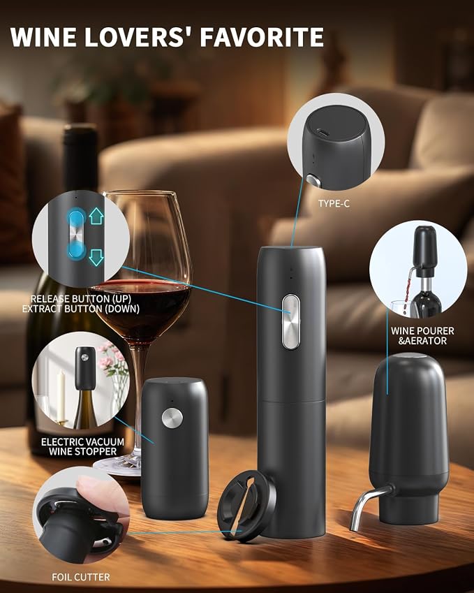 CIRCLE JOY Electric Wine Bottle Opener Set Rechargeable 5-in-1 Wine Set with Foil Cutter, Electric Wine Opener, Electric 2in-1 Wine Aerator & Pourer, Electric Vacuum Wine Stopper, Black Silver