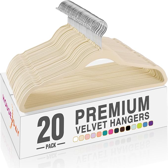 HOUSE DAY Beige Velvet Hangers 20 Pack, Non Slip Clothes Felt Hanger Heavy Duty for Coat, Premium Slim Space Saving Suit Hangers for Closet Organizer, 360° Rotating Silver Hook