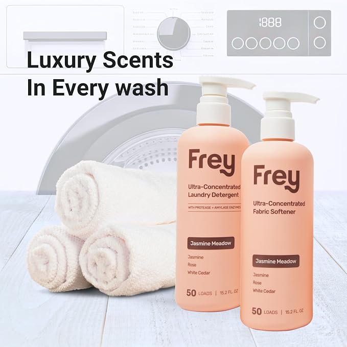 FREY Full Wash Laundry Care Bundle - Concentrated Liquid Laundry Detergent & Fabric Softener (Jasmine Meadow)