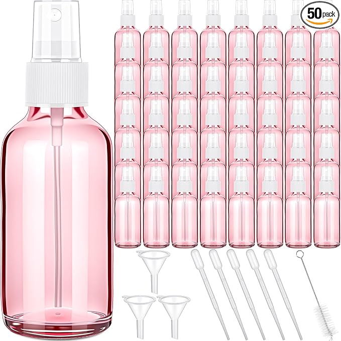 Nuogo 50 Pieces Mini Glass Spray Bottles Bulk 4 Oz Fine Mist Bottles with Funnel Dropper and Cleaning Brush Refillable for Essential Oils, Perfumes and Aromatherapy (Pink)