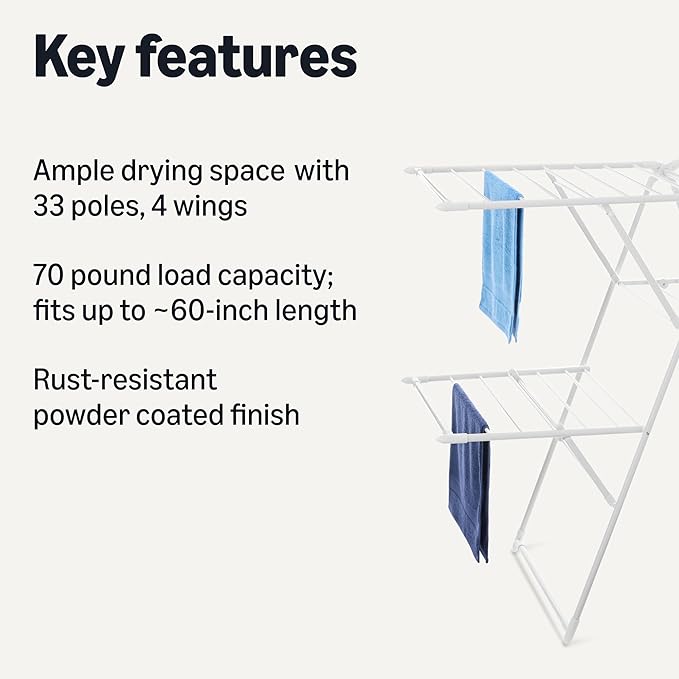 Amazon Basics Foldable Space-Saving 4-Wing Metal Clothes Drying Rack, 61x23.6x49.6 inches, White