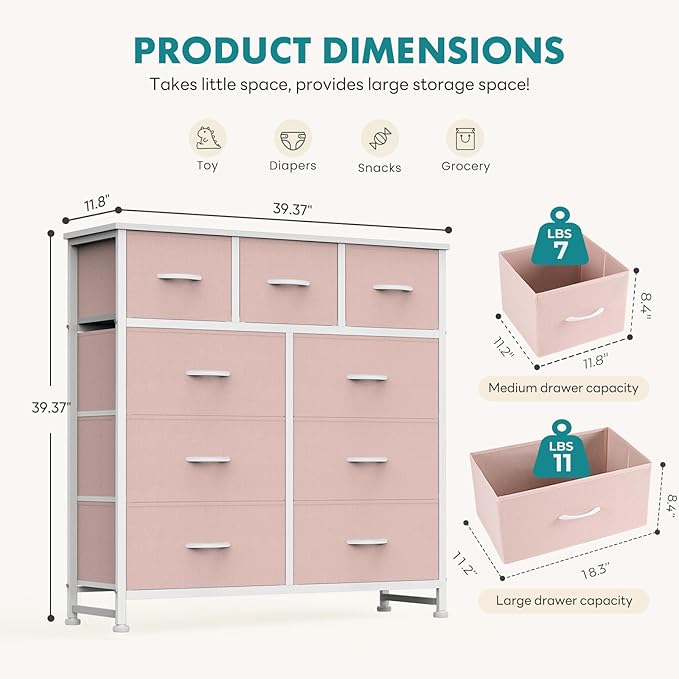 OLIXIS 9 Drawer Storage Dresser with Wood Top - Wide Fabric Chest Organizer for Bedroom, Closet, Living Room,Tower Cabinet, TV Stand, Hallway Entryway Furniture,Pink