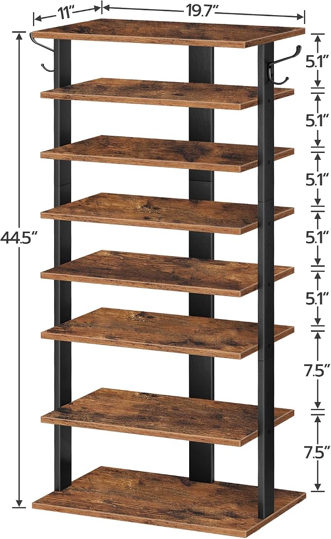 HOOBRO 8 Tiers Vertical Shoe Rack, Wooden Shoe Storage Organizer with Hooks, Narrow Shoe Tower for 16 Pairs, Space Saving, for Entryway, Living Room, Bedroom, Rustic Brown BF750XJ01