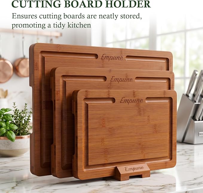 Empune Bamboo Cutting Boards for Kitchen, 3 Piece Extra Thick Cutting Board Set with Juice Groove, Deep Carbonized Bamboo Chopping Board, Reversible Wood Cutting Board for charcuterie boards, Brown