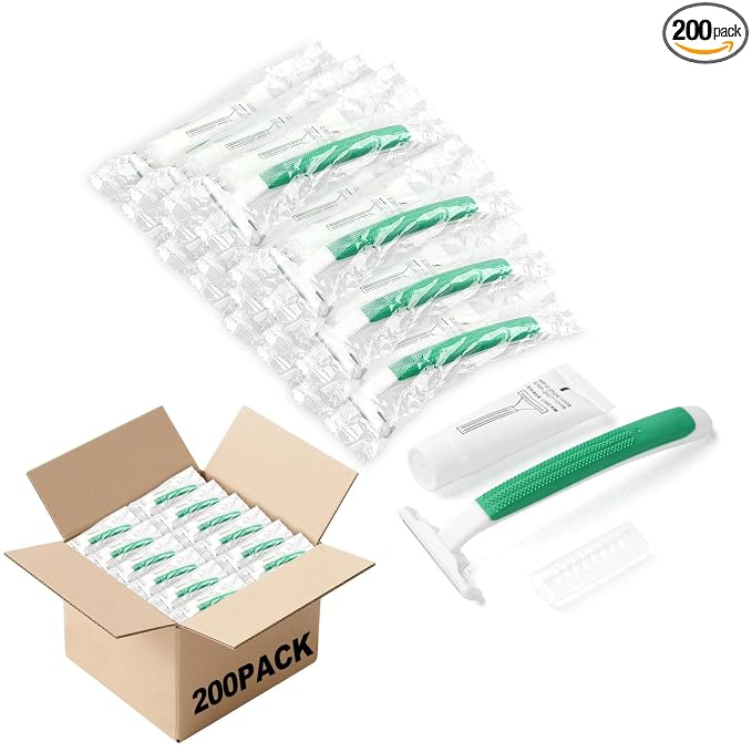 Disposable Razors in Bulk,Green Razors Individually Wrapped Bulk,Twin Blade Razors with Clear Safety Cap and Shaving Cream, Razors For Homeless, Hotel,Air Bnb,Shelter/Homeless/Travel (200)