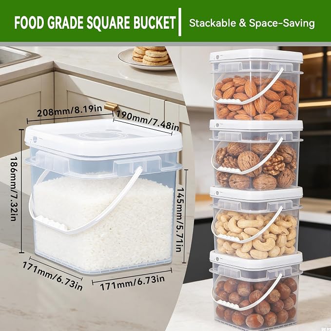 Food Storage Buckets with Lids - 4 Set Square Clear Plastic Containers, Airtight Pressure Seal & Handle for Kitchen Freezer Prep (Clear, 1.3 gal)
