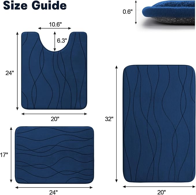 YIHOUSE Bathroom Rugs Set 3 Piece, Memory Foam Bath Mat Navy Blue | Ultra Soft, Absorbent, Non-Slip, Machine Washable, for Bathroom, Sink and Toilet