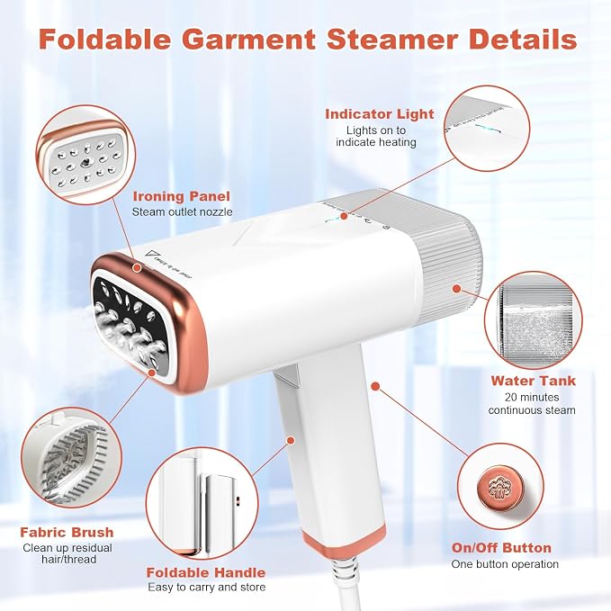 Foldable Handheld Steamer for Clothes, 1000W 20S Fast Heat-up Portable Garment Steamer with Brush and Measure cup, Clothes Steamer Fabric Wrinkle Remover with a Storage bag for Home Office Travel