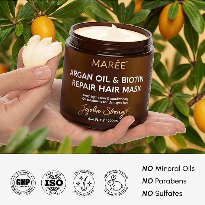 MAREE Deep Conditioning Hair Mask for Damaged Hair Treatment – Keratin Hair Care for Hydrating Growth Repair Moisturizing – Dry Curly Color Refreshing – 6.7 Fl Oz, Brown