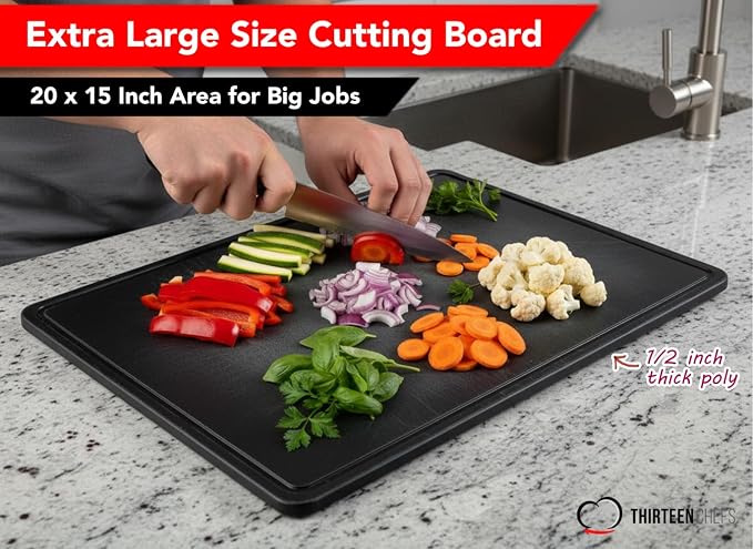 Commercial Grade Large 20 x 15 Black Cutting Board with Groove - 1/2" Thick HDPE for Grilling, BBQ, Steaks and Meats - NSF Approved for Food Service Kitchens