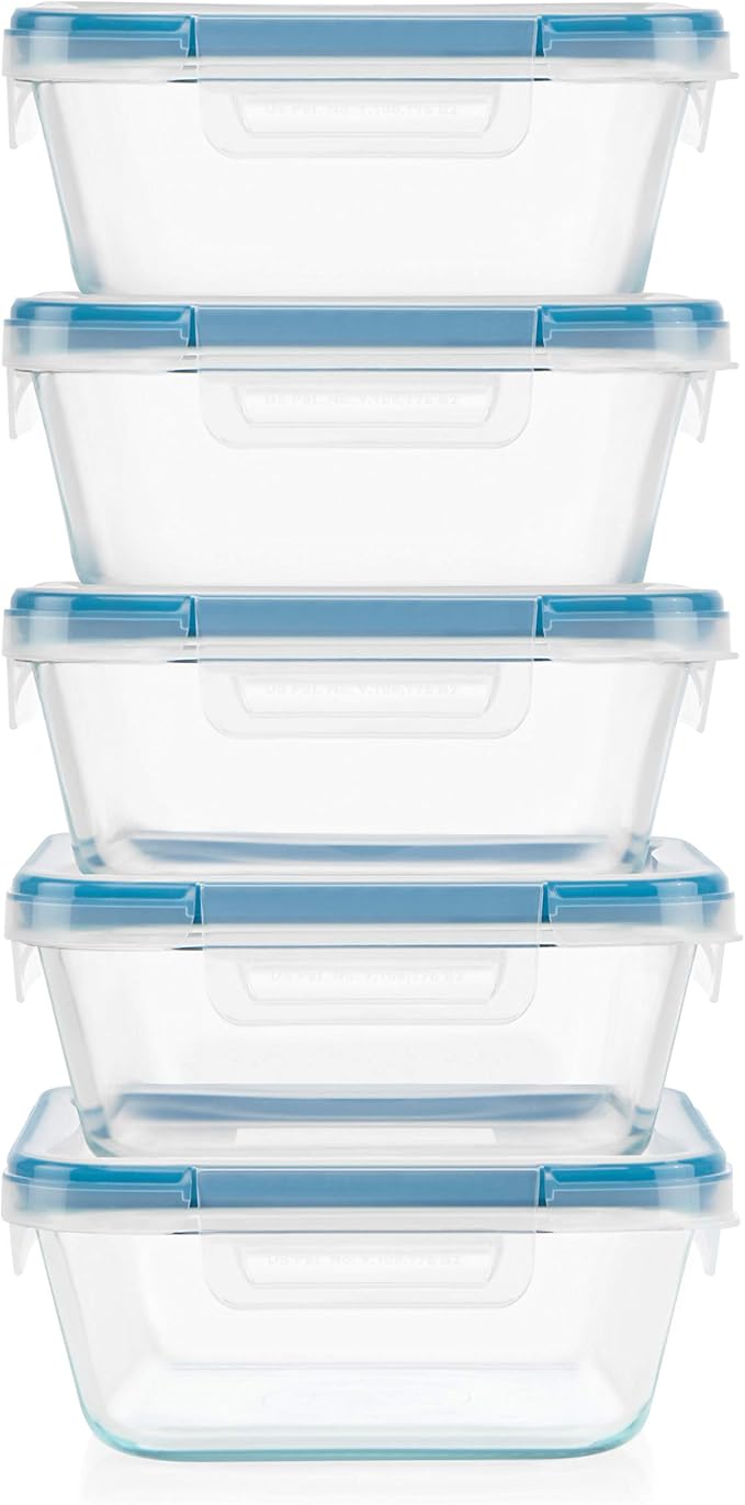 Snapware Glass Total Solutions (5-Pack, 4 Cup) Food Storage Containers Set, Airtight & Leakproof Plastic Locking BPA-Free Lids, Freezer Dishwasher Microwave Safe