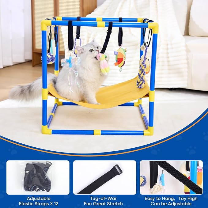 Puppy Play Gym with 12 Hanging Toys, 2-in-1 Dog Play Gym & Hammock, Adjustable Puppy Enrichment Toys for Small Dogs/Cat, Interactive Activity Center, Indoor Playground for Teething (23.6")