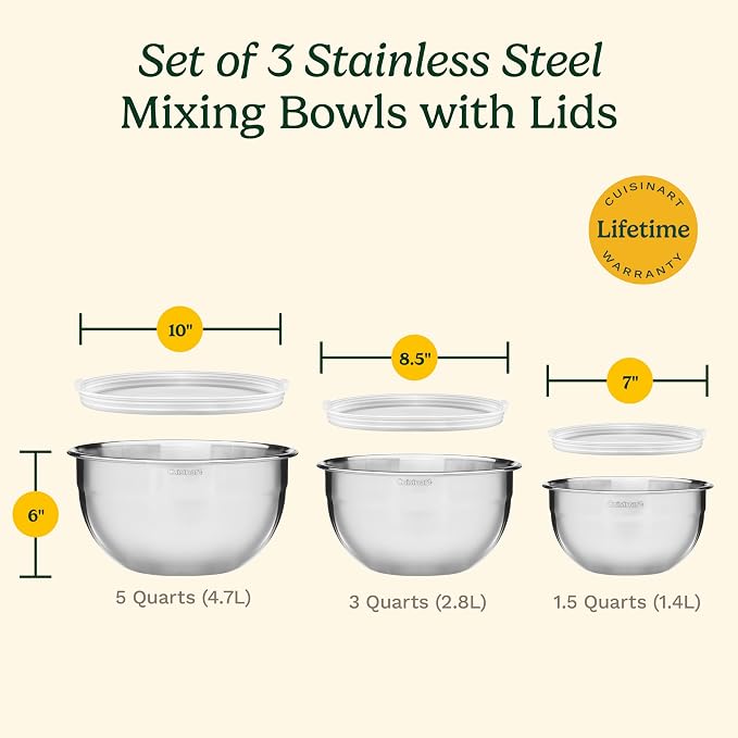 Cuisinart Mixing Bowl Set, Nesting Bowls, Stainless Steel, 3-Piece | 1.5, 3 & 5 qt. stainless steel mixing bowls for baking, cooking & prep, dishwasher safe, durable & compact, CTG-00-SMB