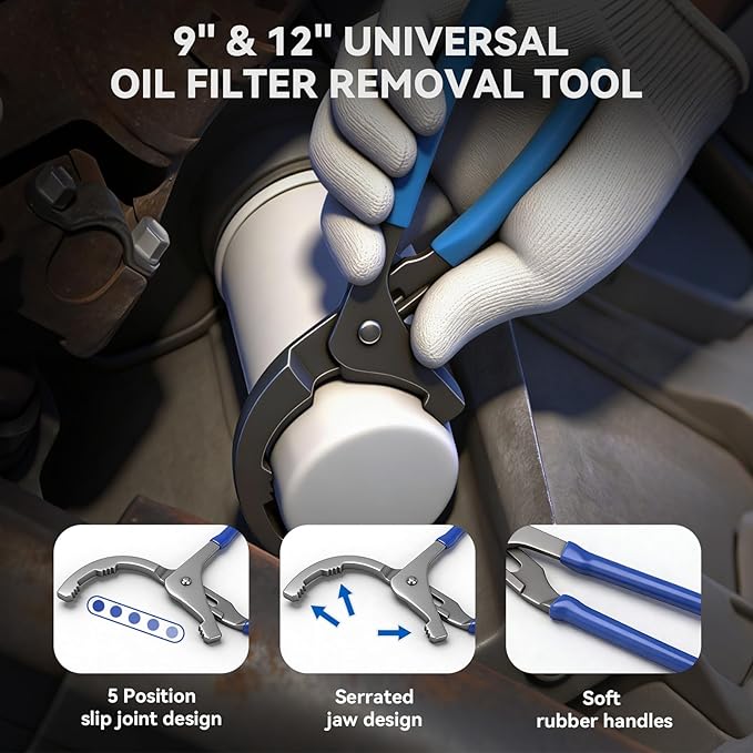 DISEN Oil Filter Wrench Set, 8PCS Oil Filter Swivel Wrench Set 2-3/4" to 5-1/4", 9" & 12" Adjustable Oil Filter Pliers,Universal 3-Jaw Removal Tool with 1/2" to 3/8" Adapter, Organized in Storage Case