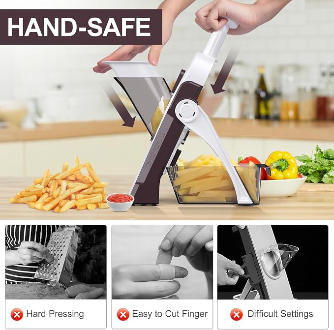Safe Mandoline Slicer for Kitchen, Safe Vegetable Chopper with Paring Knife, Adjustable Thickness, Easy to Clean, Vegetable Slicer, Slicing, Strips, Shredding, Dicing, Chop (Brown)