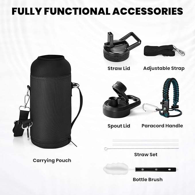 RAYMYLO Insulated Water Bottle 32 oz, Triple Wall Vacuum Stainless Steel (Cold for 24Hrs, Hot for 12Hrs), Leak Proof & Non-BPA, Modern Water Flask Jug with Paracord Handle & Straw Spout Lids