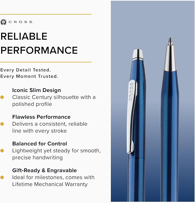 Cross Classic Century Translucent Cobalt Blue Engraved Diamond Pattern Ballpoint Pen - Refillable Pen for Effortless Writing - Black Ink - Durable Construction - Premier Distinctive Look