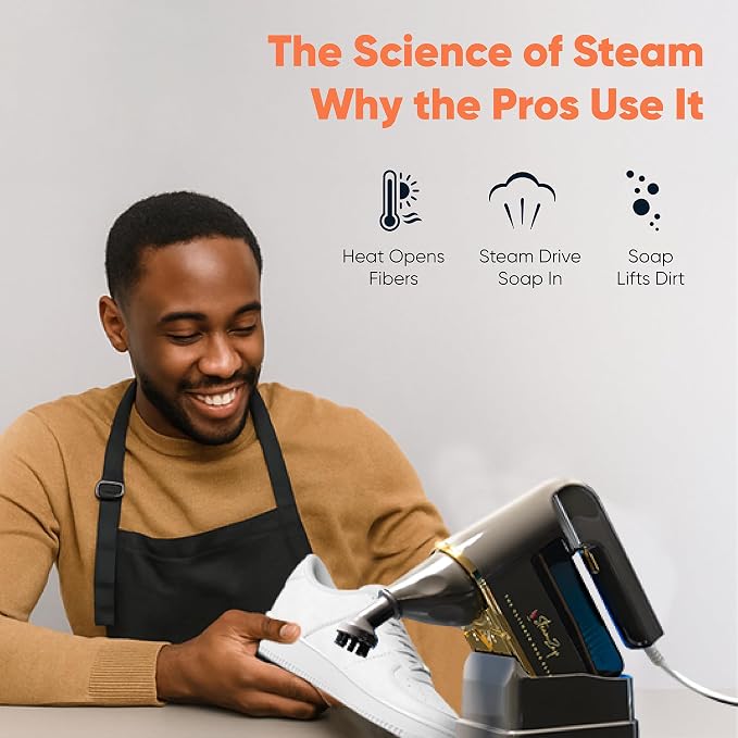 Handheld Shoe Steam Cleaner – All-in-One Shoe Care with Pro Steam Power | 5 Attachments to Clean, Deodorize & Remove Creases from Sneakers, Dress Shoes & Boots