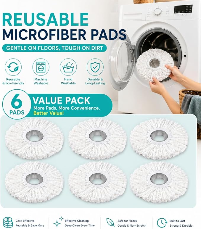 Compact Spin Mop and Bucket with Clean & Dirty Water System, Floor Mop with 360° Swivel Wheels, 61" Handle, 6 Reusable Mop Heads for for Wood, Tile, Vinyl, Baseboards- Blue/Yellow