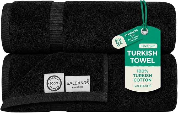 SALBAKOS 2-Piece 100% Turkish Cotton Bath Towels Extra Large 35x70, Black | Oversized Bath Sheet Towel for Bathroom & Beach, Thick, Super Soft, Highly Absorbent, Premium Hotel Quality, Made in Turkey