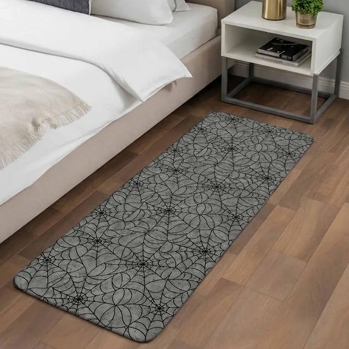 Runner Rug Indoor Outdoor 15.7"x47.2", Grey Halloween Absorbent Non Slip Entry Door Mat, Black Spiders Net Classic Gingham Low-Profile Hallway Rugs for Kitchen Laundry Room Entryway Mudroom Apartment