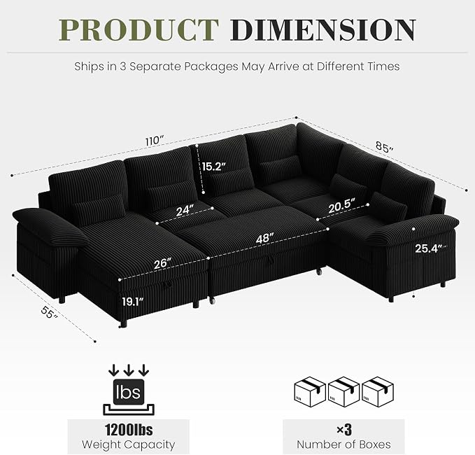 110 Inch Modular Sectional Sleeper Sofa with Pull Out Bed, U Shaped 7 Seat Cloud Modular Sectional Sofa with Storage, Corduroy Sectional Couches for Living Room, Removable Sofa Cover, Black
